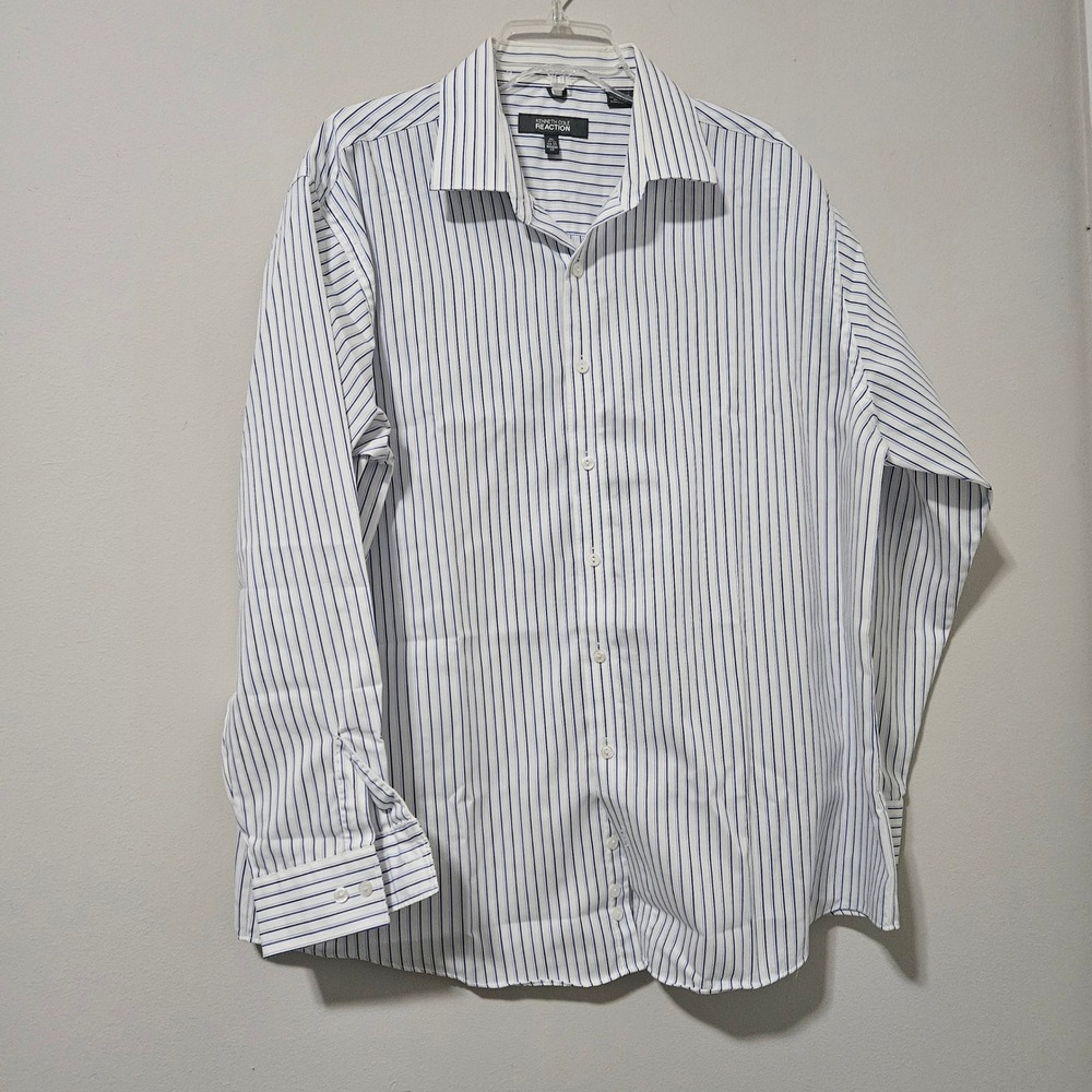 Kenneth Cole Reaction Mens XL 17.5 34-35 Blue White Striped Dress Shirt Cotton